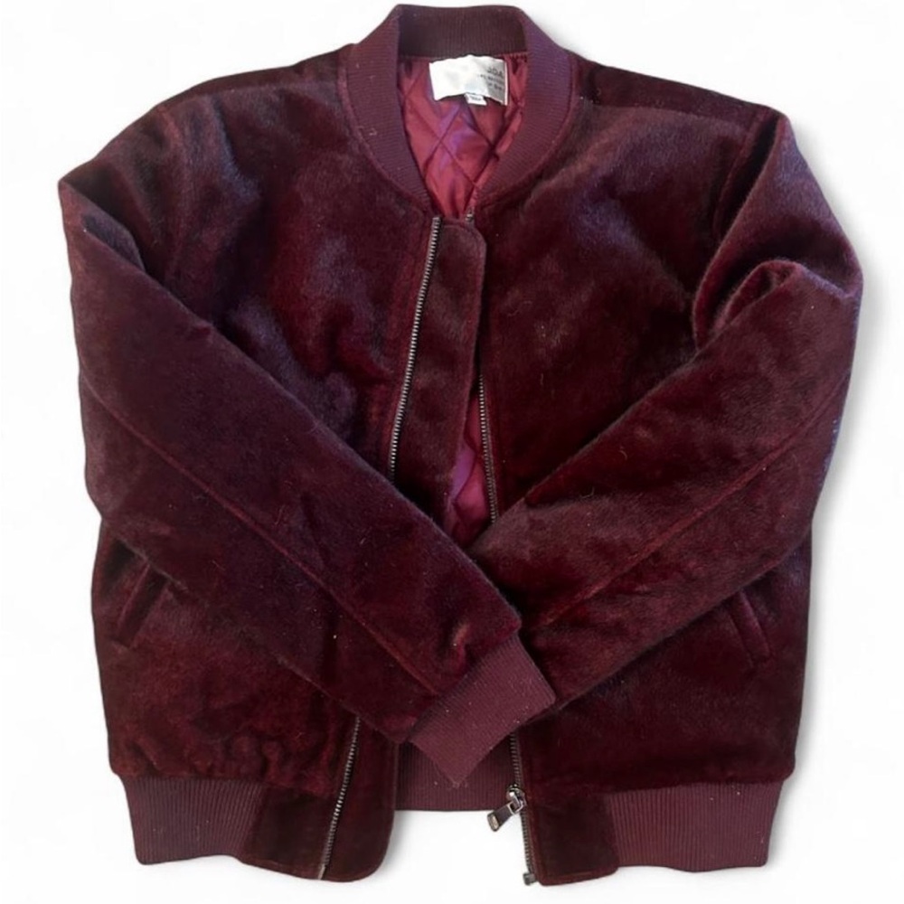 Plush Faux Fur Bomber Jacket in Deep Burgundy